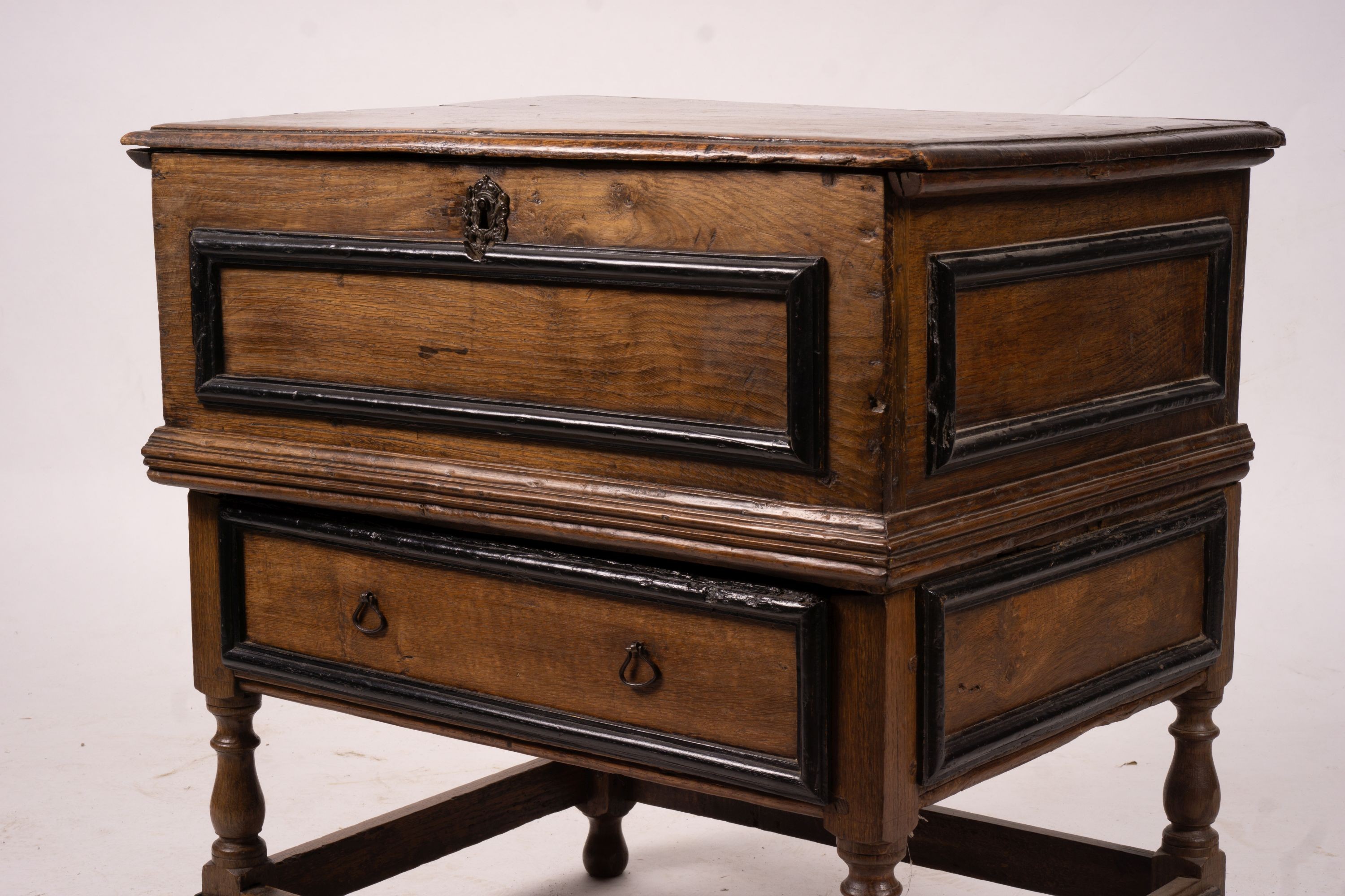 A late 17th century bible box on stand, width 73cm, depth 53cm, height 74cm